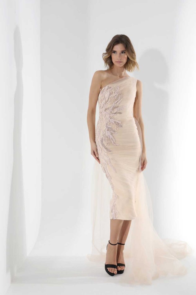Φόρεμα μίντι τούλινο με ουρά στο πλάι . Έχει έναν ώμο, σούρες κατά μήκος του φορέματος και ασημί κέντημα στην μία πλευρά. 